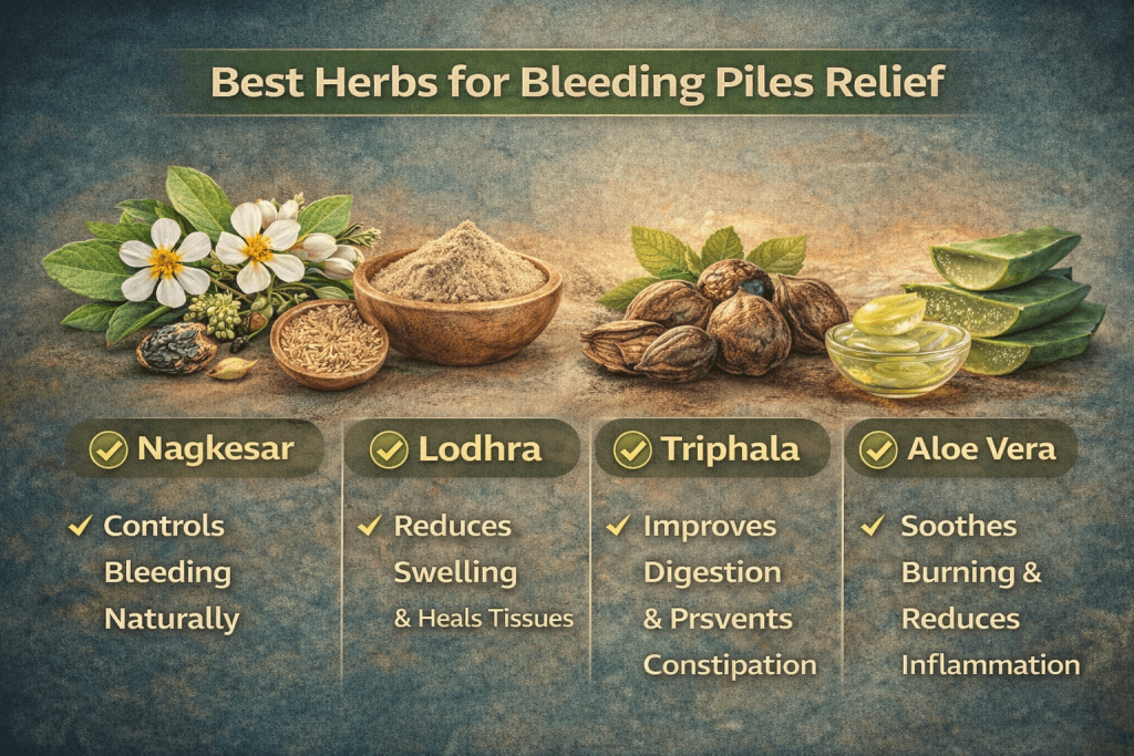 Best herbs used in Ayurvedic Treatment for Bleeding Piles including Nagkesar, Lodhra, Triphala, and Aloe Vera