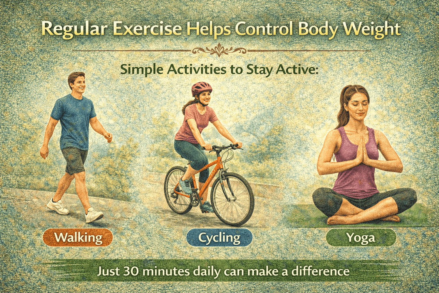 regular exercise helps control body weight through walking cycling and yoga activities