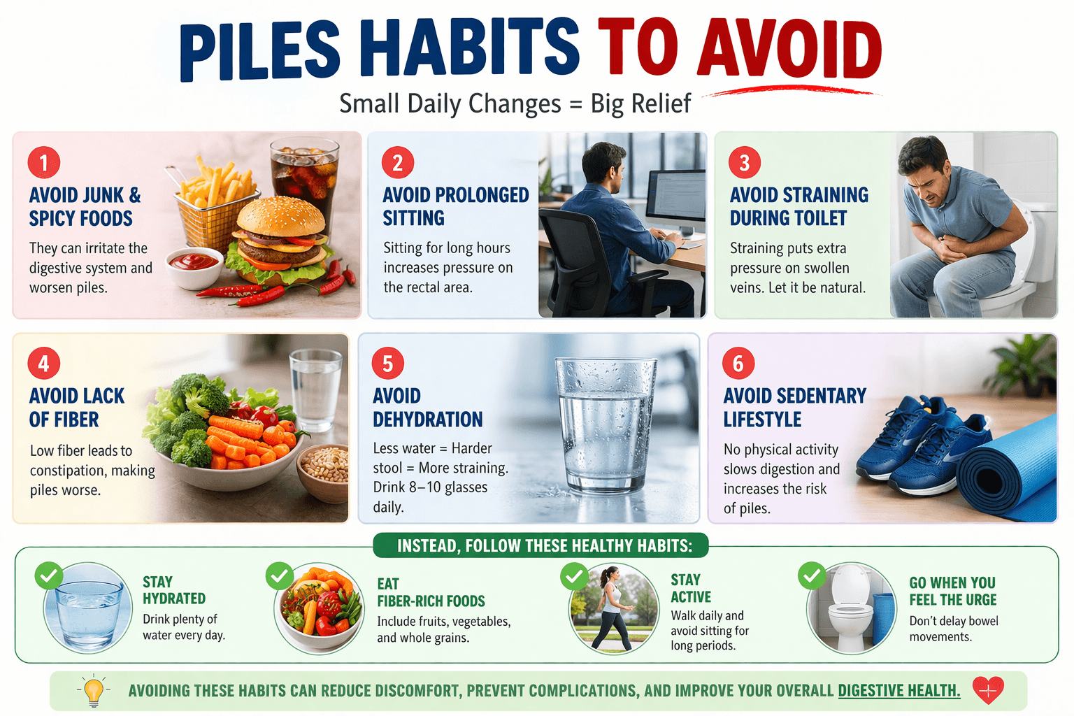 Infographic explaining piles habits to avoid including junk food, prolonged sitting, straining, dehydration, and inactive lifestyle with healthy alternatives